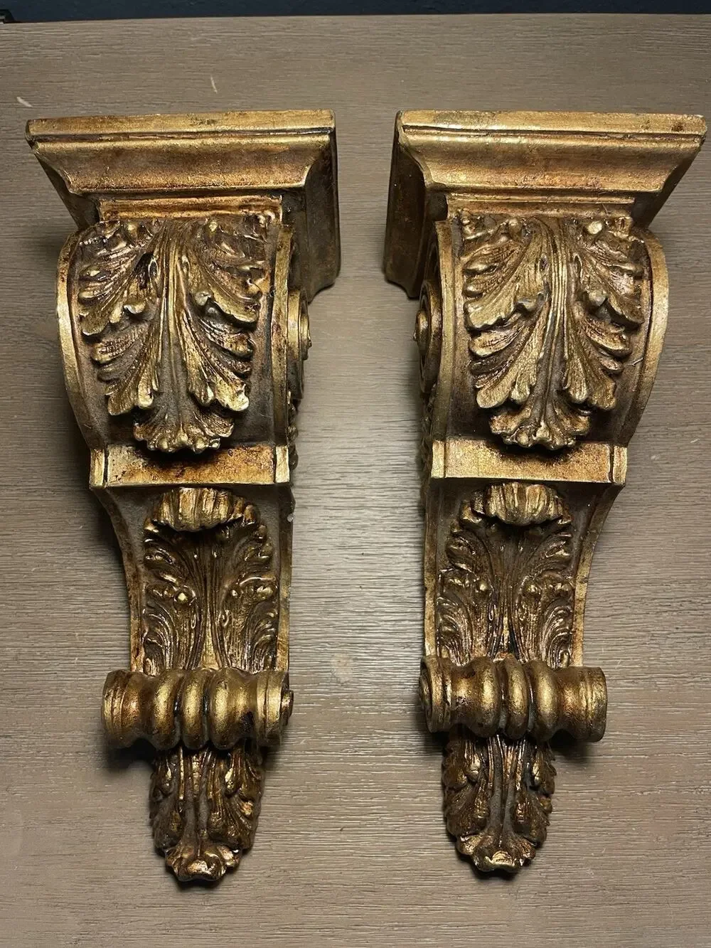 Vintage Pair Gold Gilt Acanthus Leaf Wall Corbels Ornate Shelf Brackets 14”